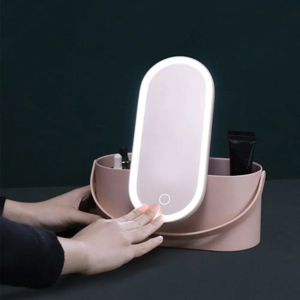 Creative Makeup Storage Box Touch Screen Portable Lighted Makeup Mirror with LED Light with Handle Cosmetic Storage Case Travel